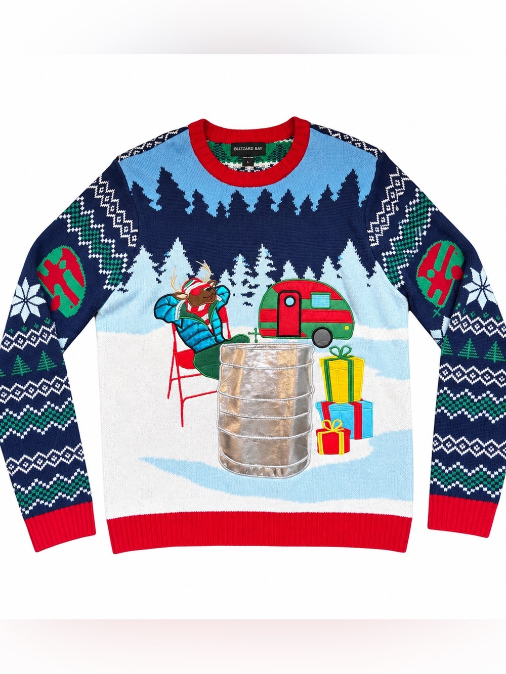 Blizzard Bay 3D Ugly Christmas Sweater with Drink Holder Reindeer Holiday Large